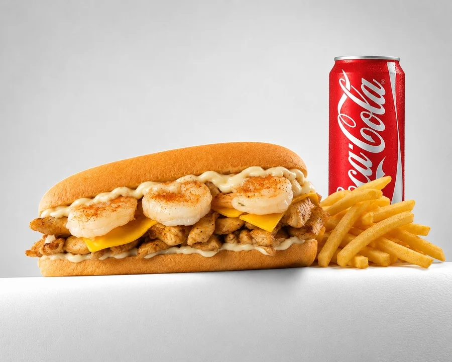A sandwich filled with chicken, shrimp, and cheese, paired with a can of cola and fries.