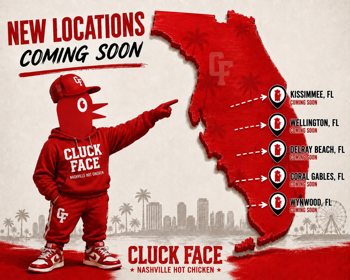 Cluck Face Nashville Hot Chicken expansion map in Florida