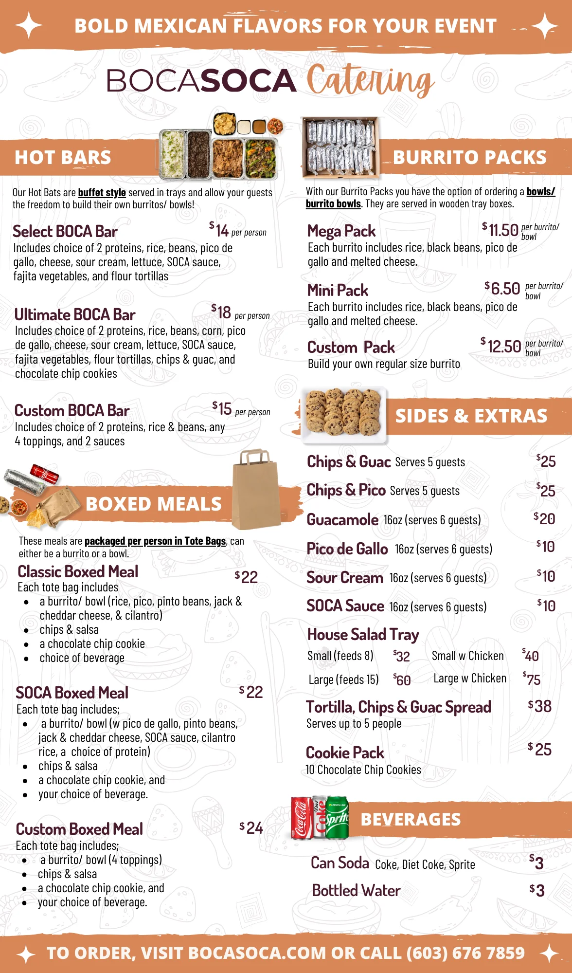 Catering menu featuring bold Mexican flavors and burrito options
