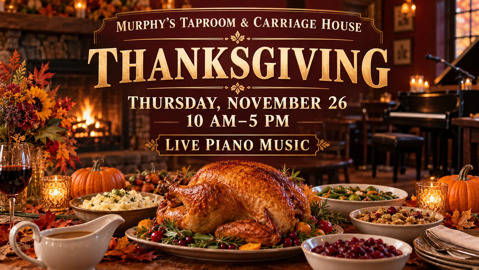 Thanksgiving feast with roasted turkey and seasonal decor in a cozy restaurant setting