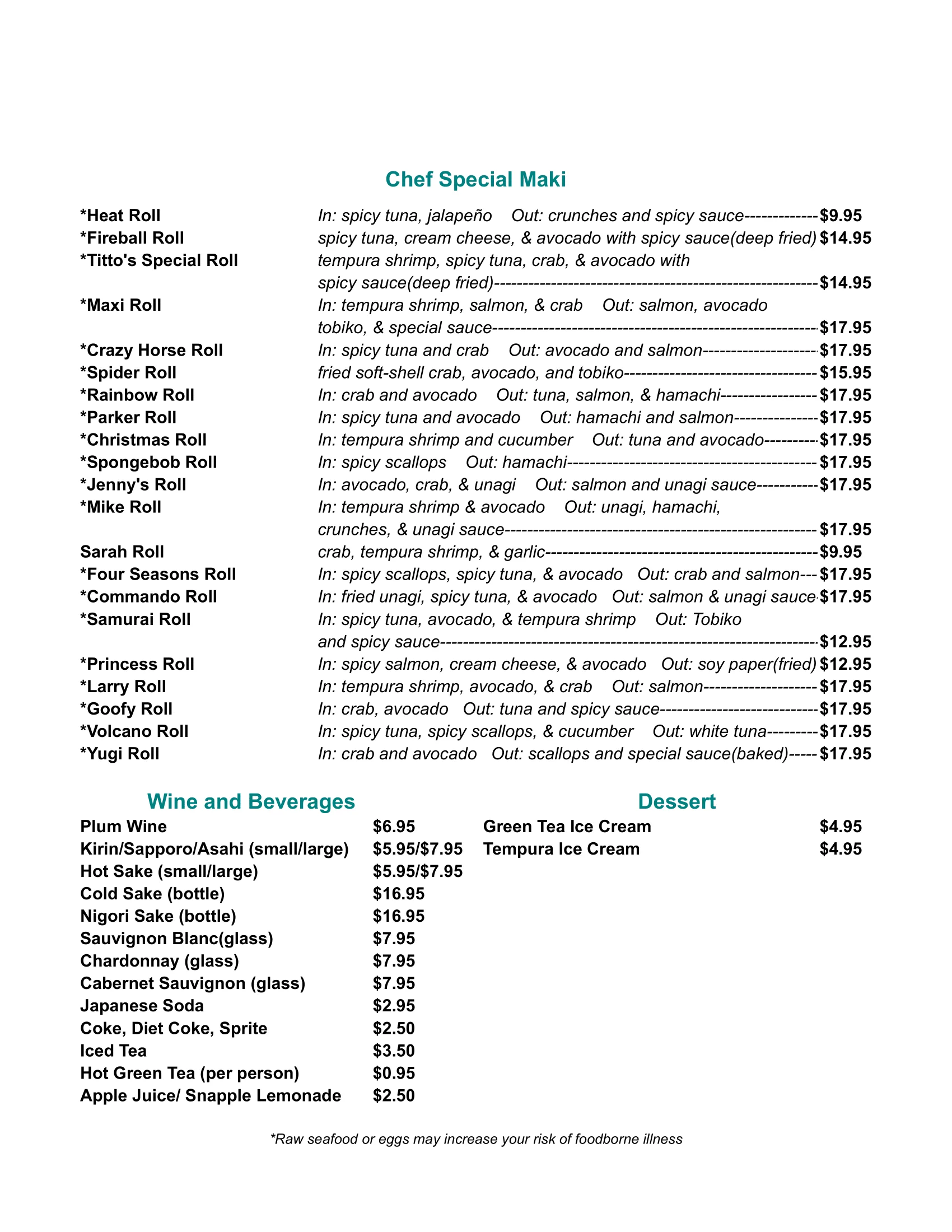 Variety of Japanese sushi rolls on a restaurant menu