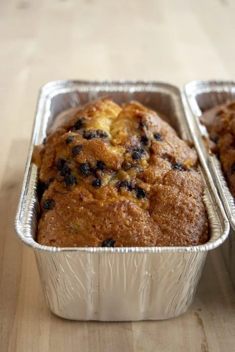 Freshly baked banana bread with chocolate chips