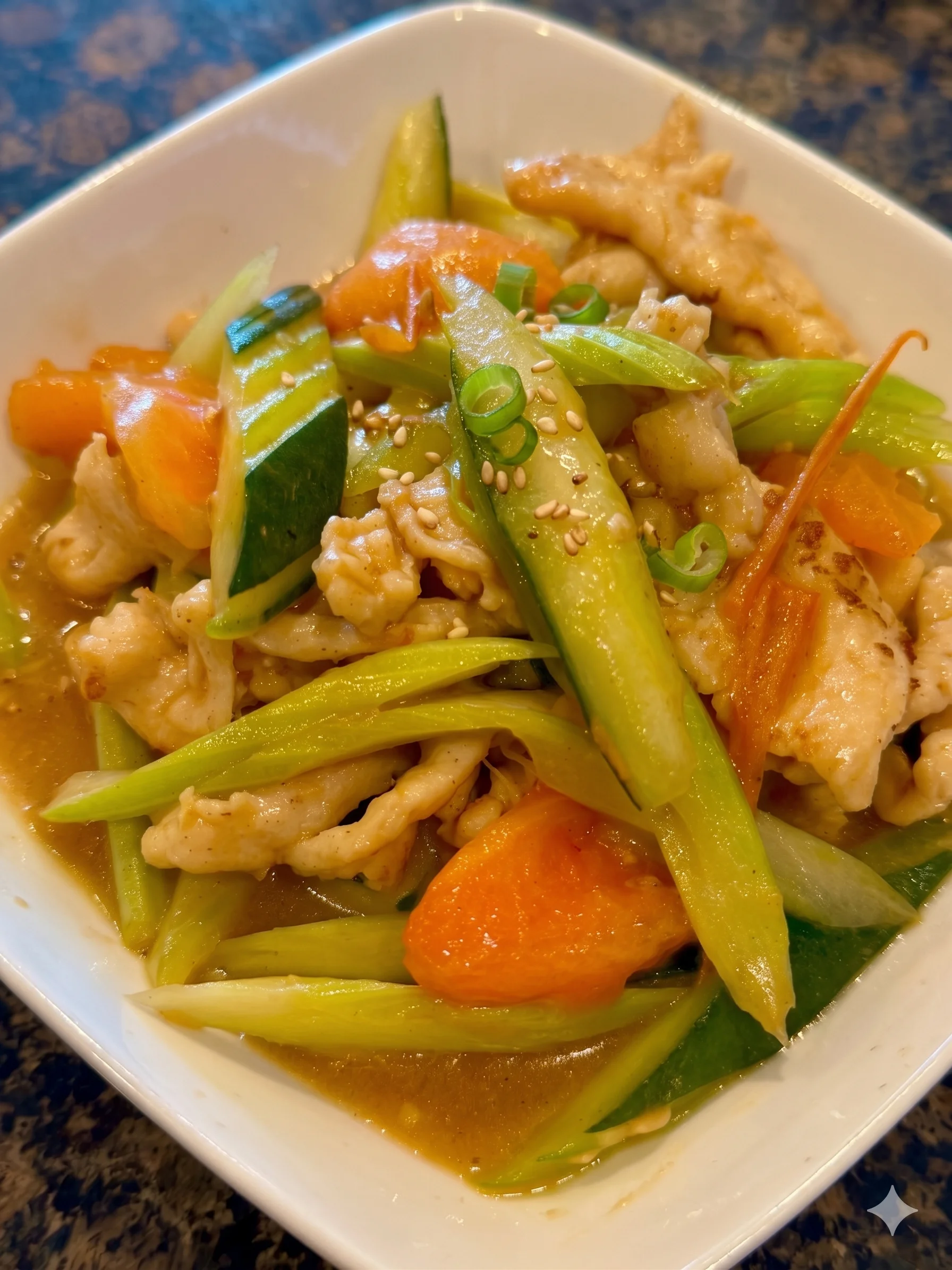 Stir-fried chicken with vegetables in a white bowl