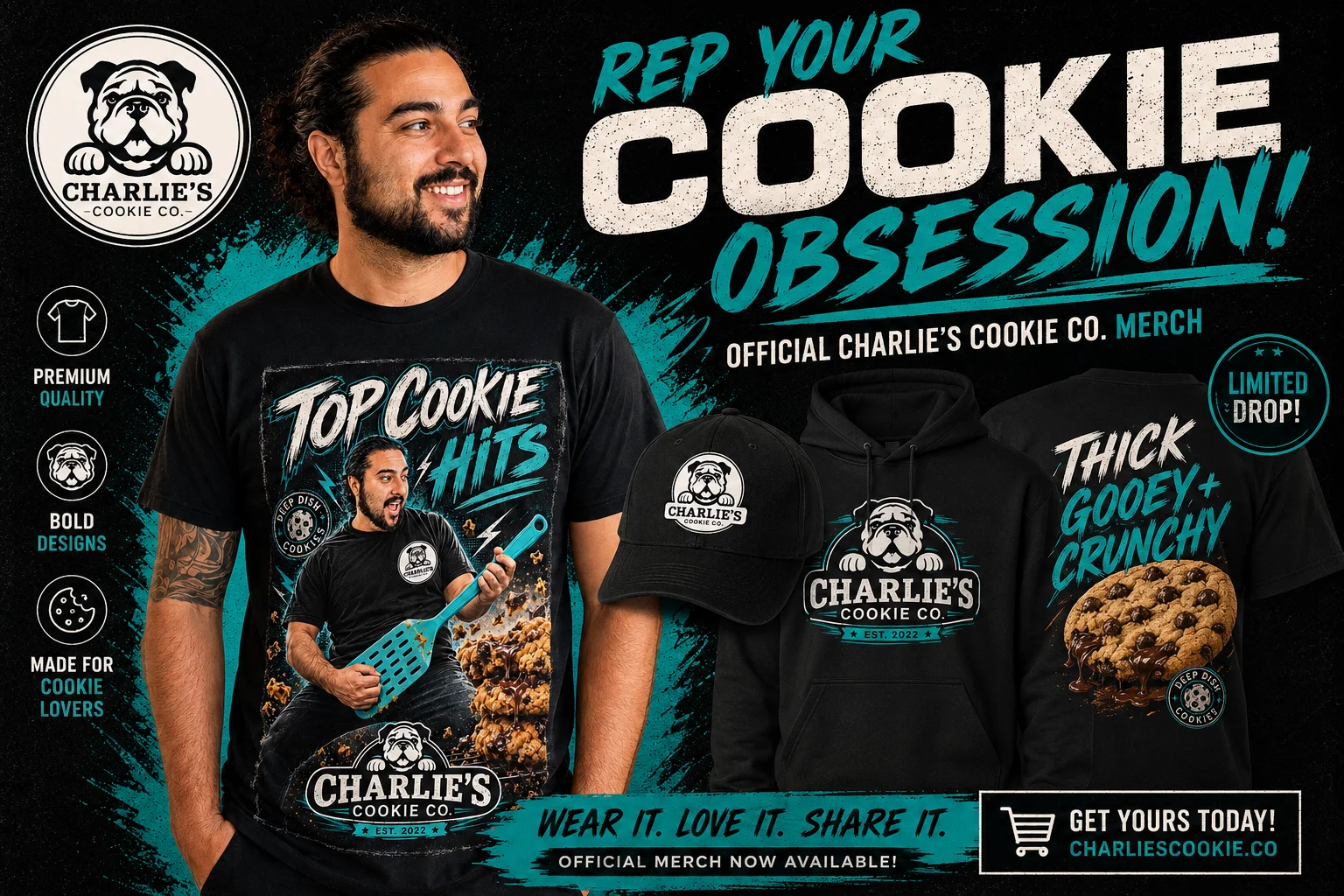 Official merchandise for Charlie's Cookie Co featuring bold designs and cookie themes
