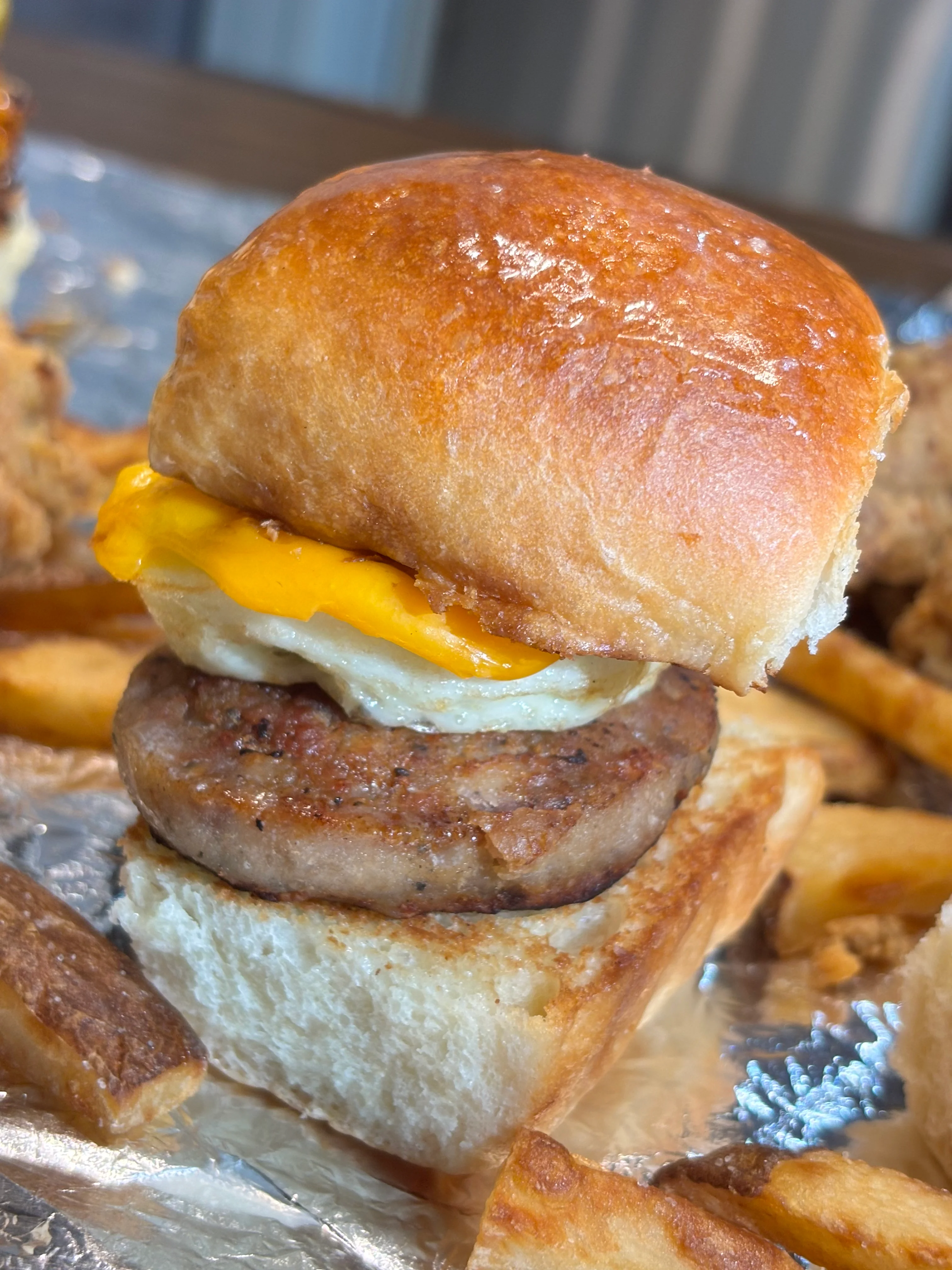Savory breakfast sandwich with sausage and cheese