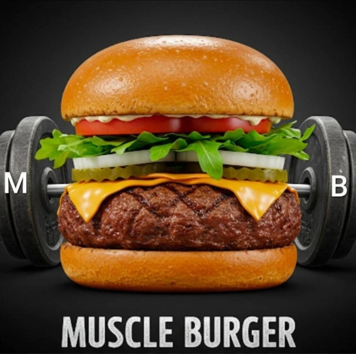 A creative burger design featuring layers of lettuce, tomato, pickles, and cheese, integrated with a barbell as part of the composition.