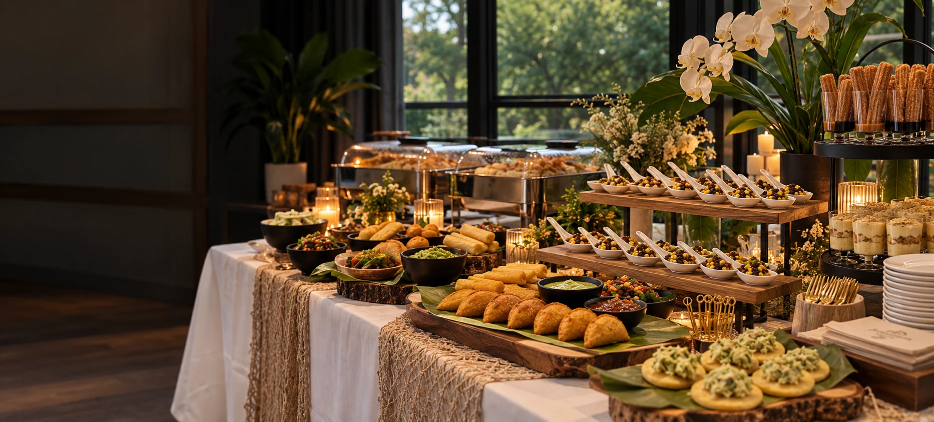 Elegant buffet display with assorted appetizers and desserts