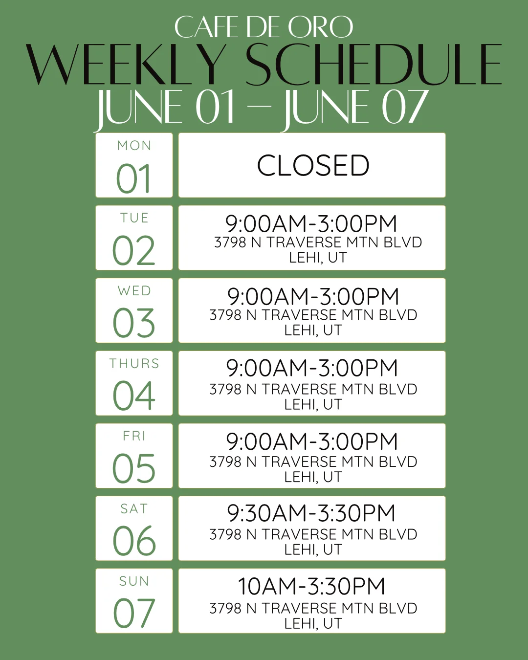 Weekly schedule for restaurant operations and staff shifts.