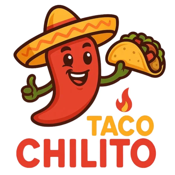 Colorful Taco Chilito restaurant logo with taco and chili pepper mascot