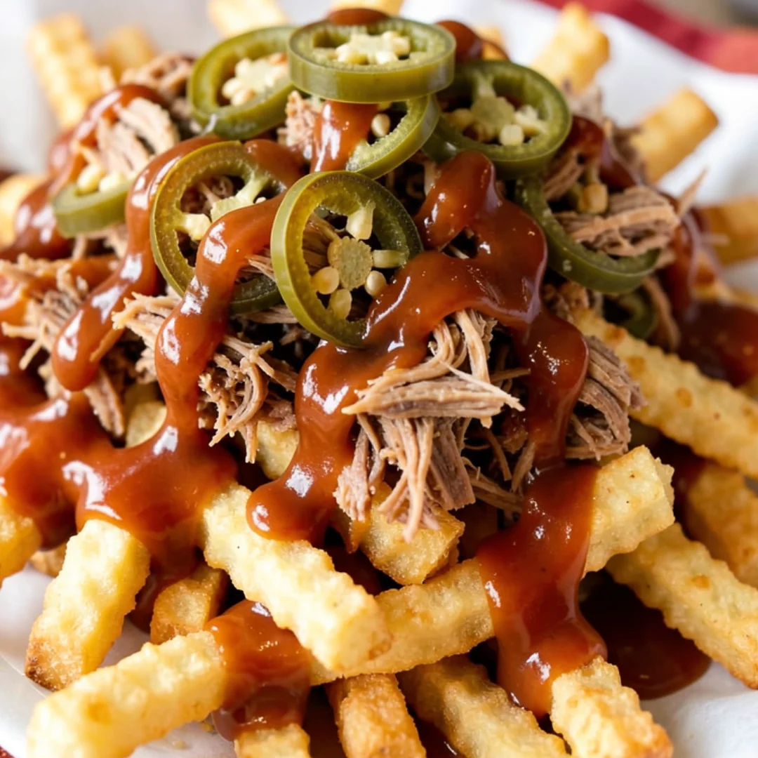Loaded BBQ pulled pork fries with jalapeños