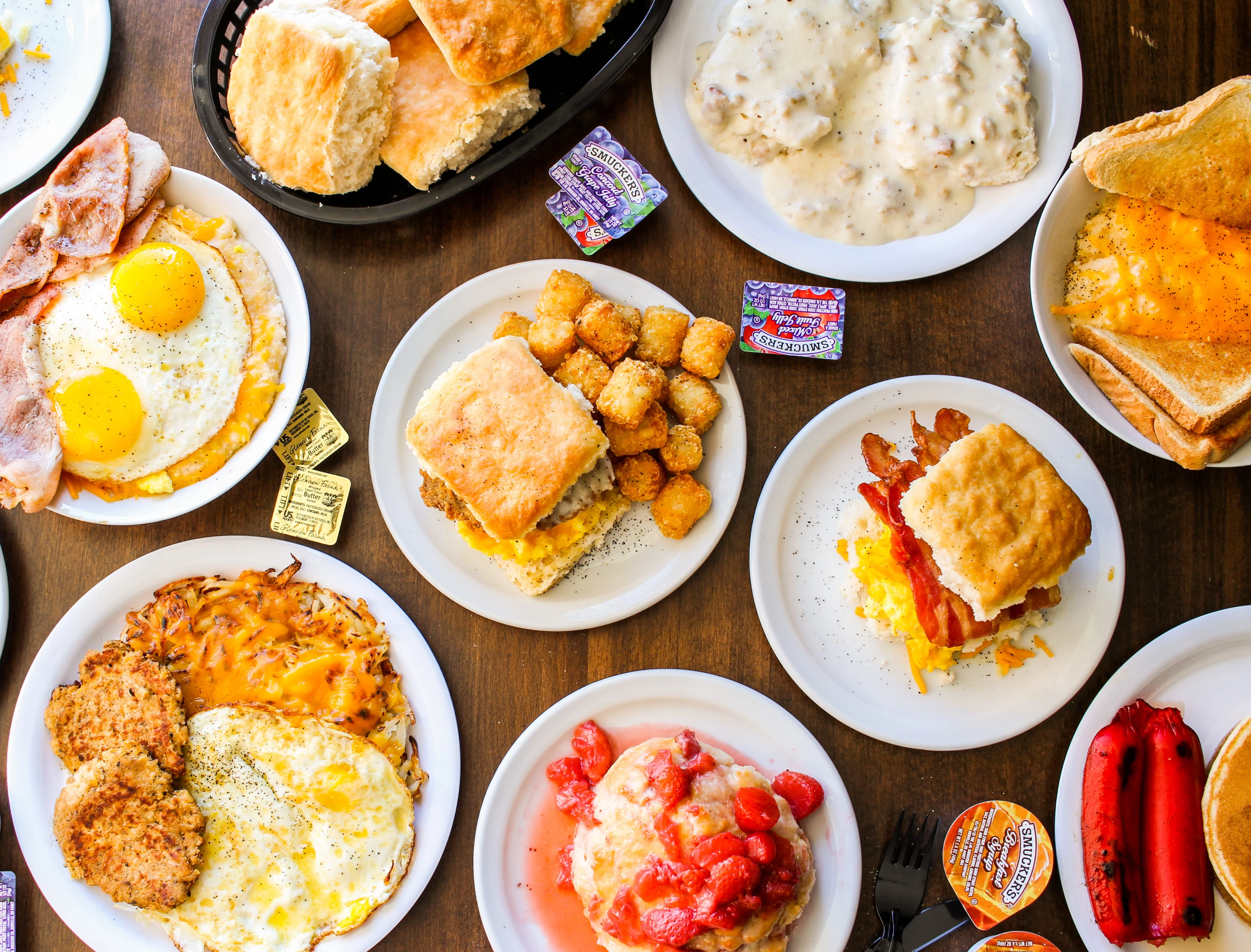 Southern breakfast platter with biscuits and gravy