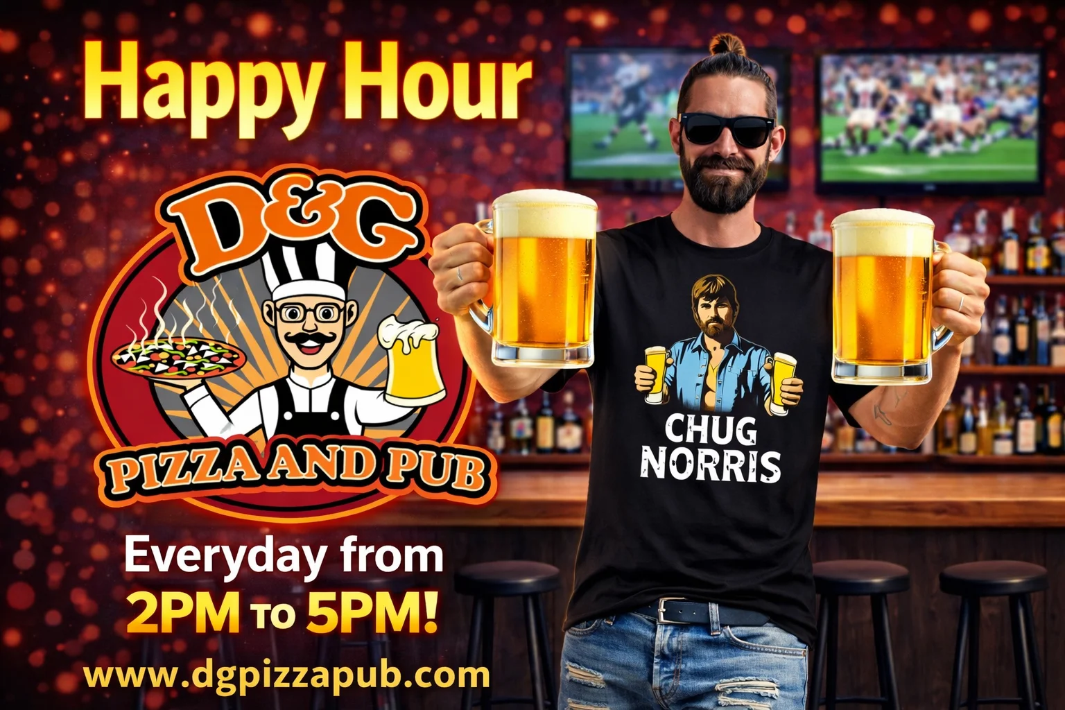Happy Hour promotion at D&G Pizza and Pub with beer and pizza
