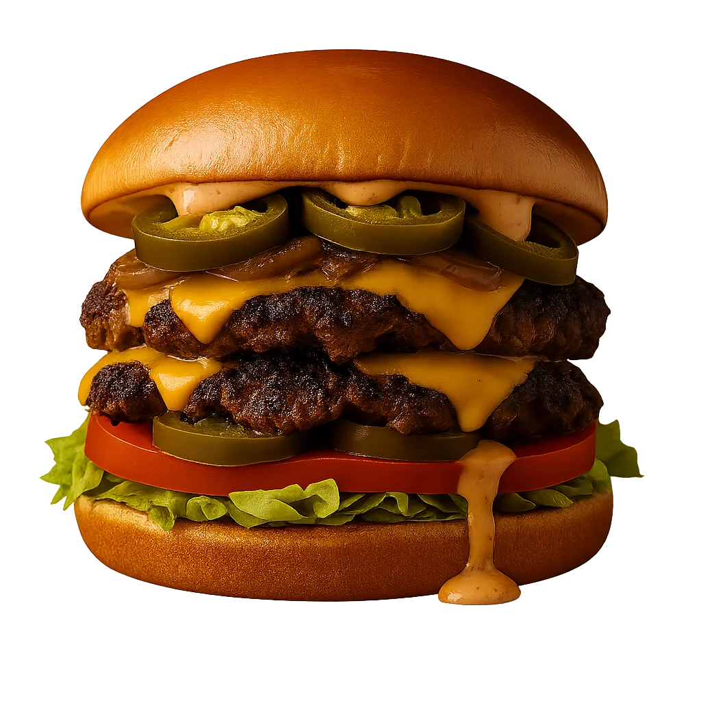 Triple cheeseburger with jalapeños and special sauce