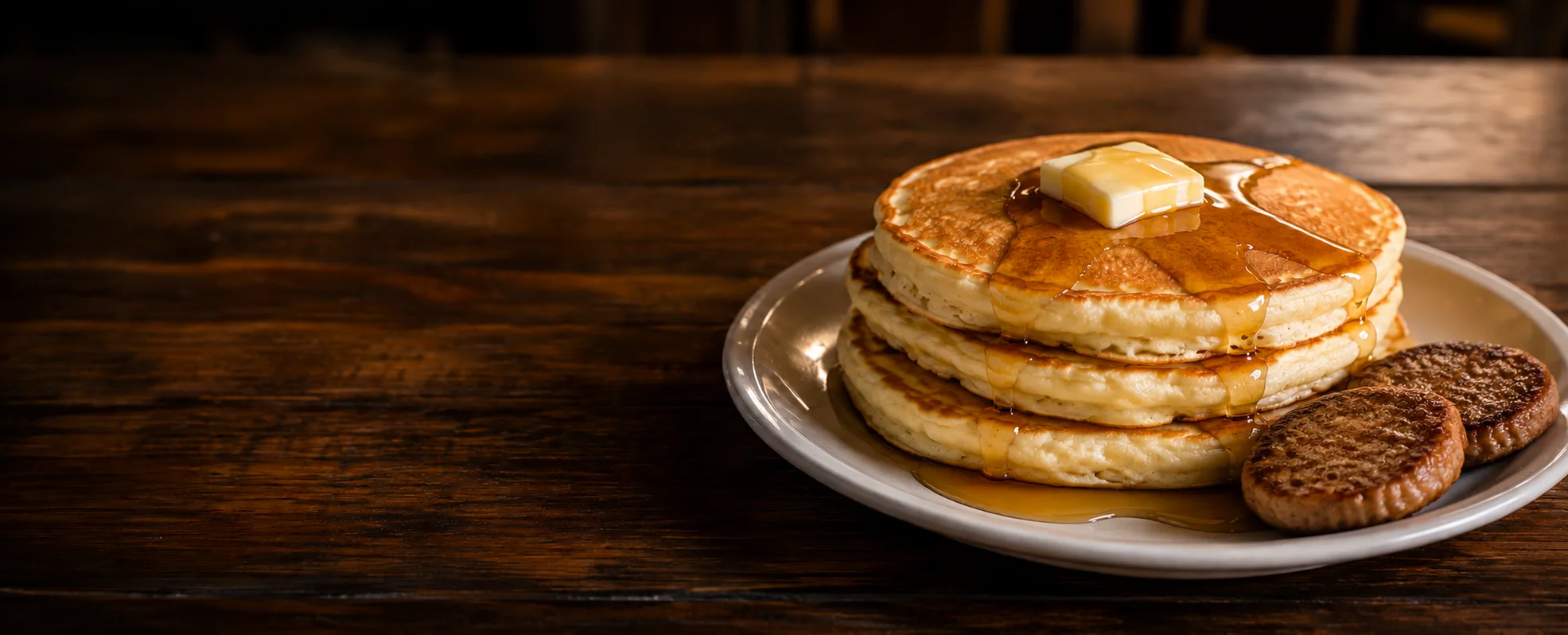 Fluffy buttermilk pancakes with syrup and butter