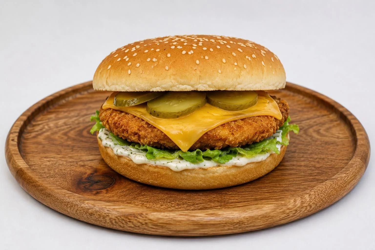 A classic fried chicken burger, layered with cheddar cheese and pickles in a sesame seed bun, garnished with fresh lettuce and mayonnaise, served on a wooden plate.