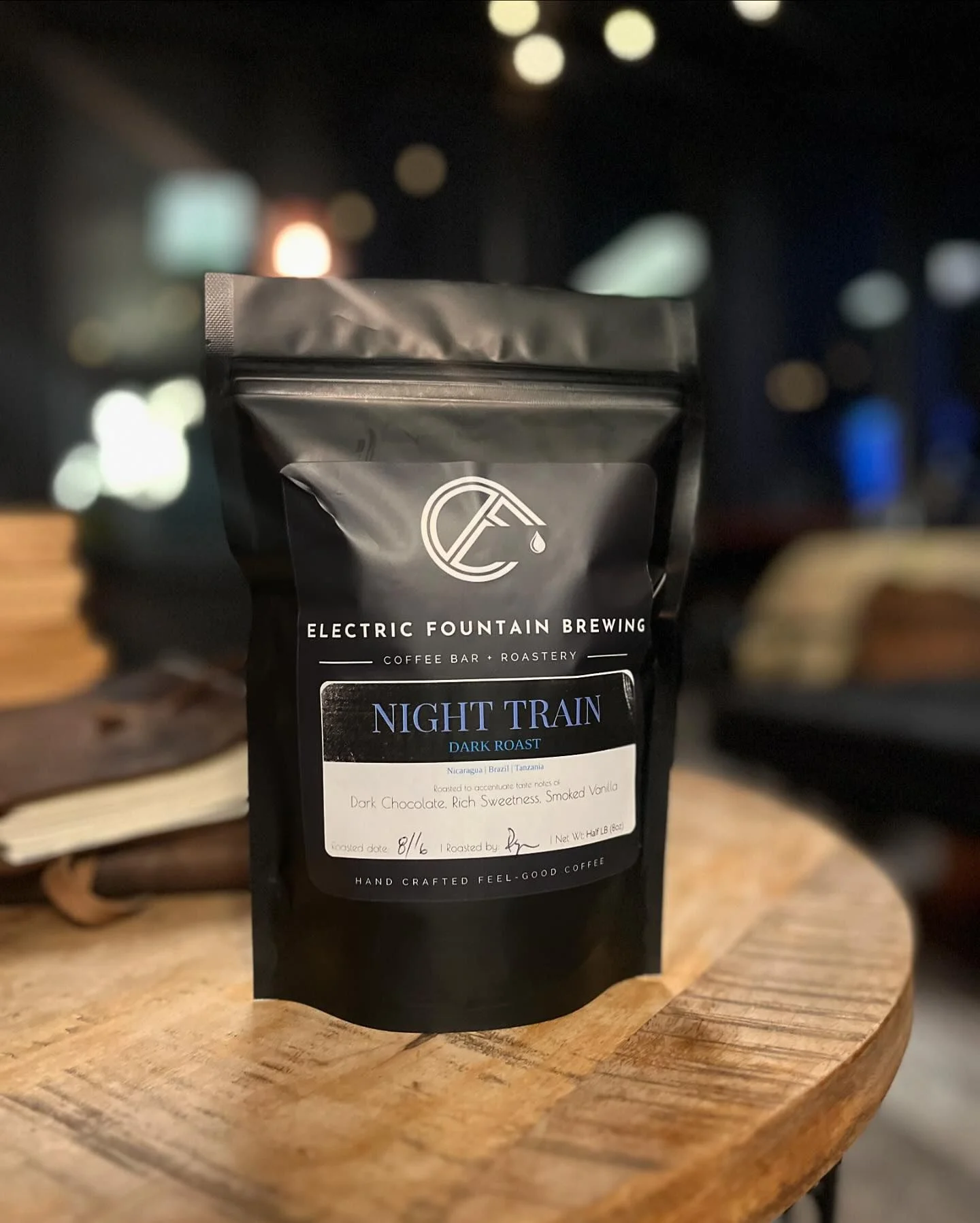 Bag of Electric Fountain Brewing Night Train dark roast coffee
