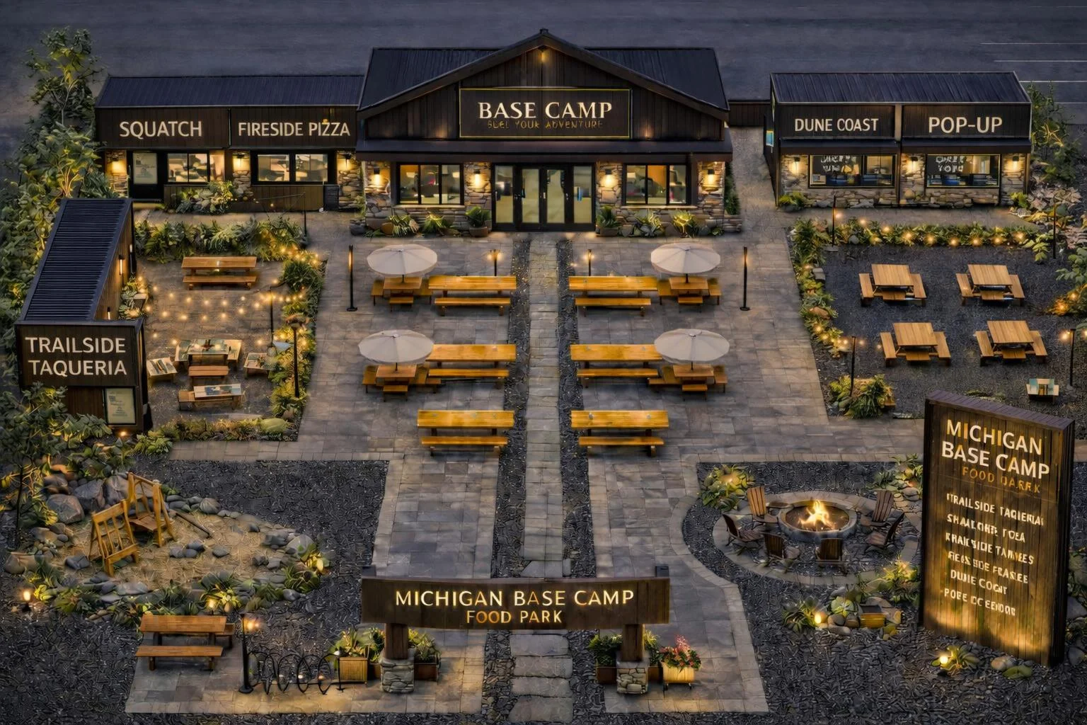 Aerial view of Michigan Base Camp food park with dining areas and food stalls.