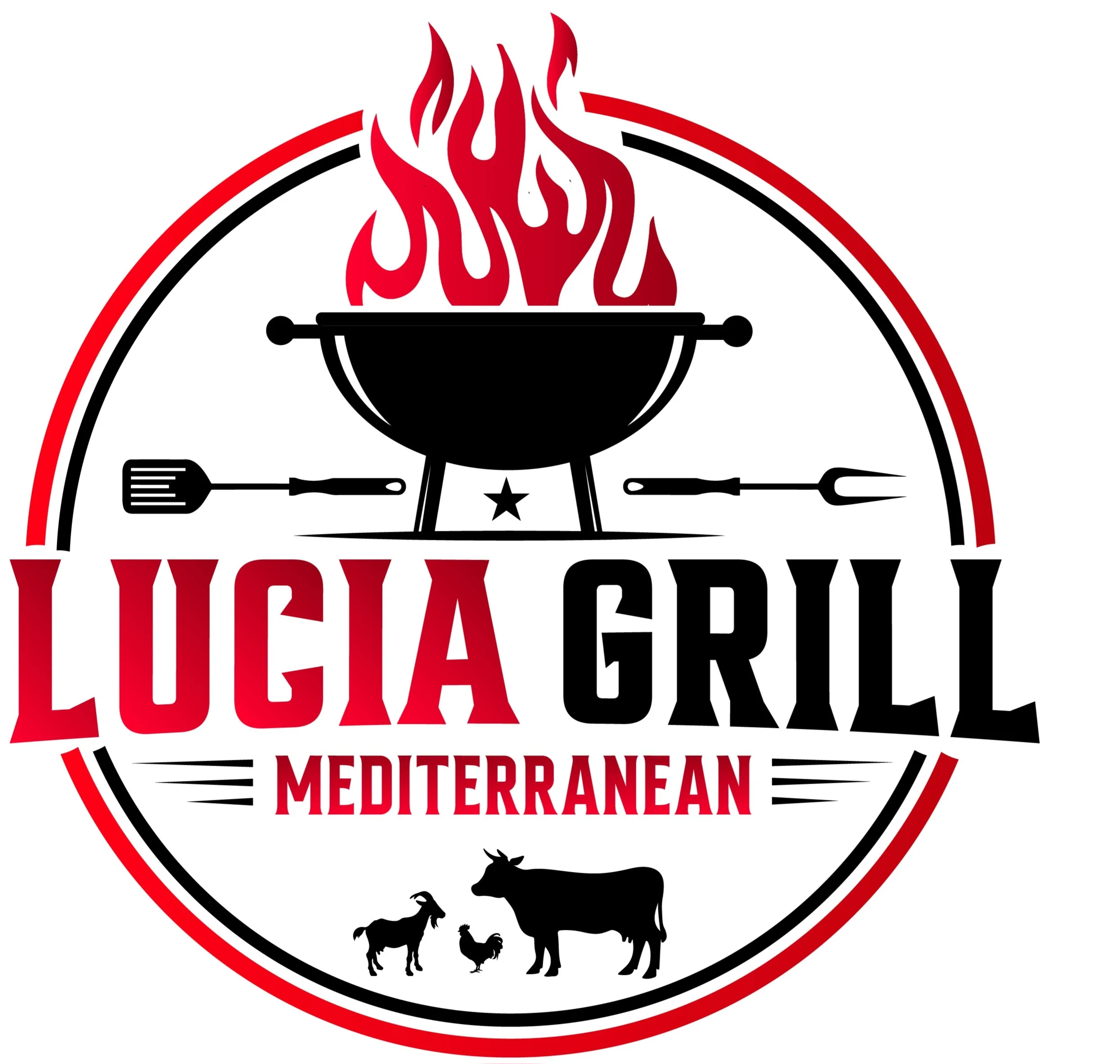 A logo featuring a grill with flames, accompanied by cooking utensils and silhouettes of farm animals, emphasizing Mediterranean cuisine.