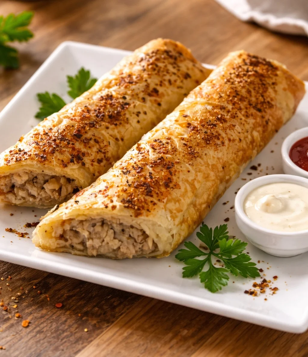 Two crispy pastries filled with meat, garnished with spices, served alongside dipping sauces on a white plate.