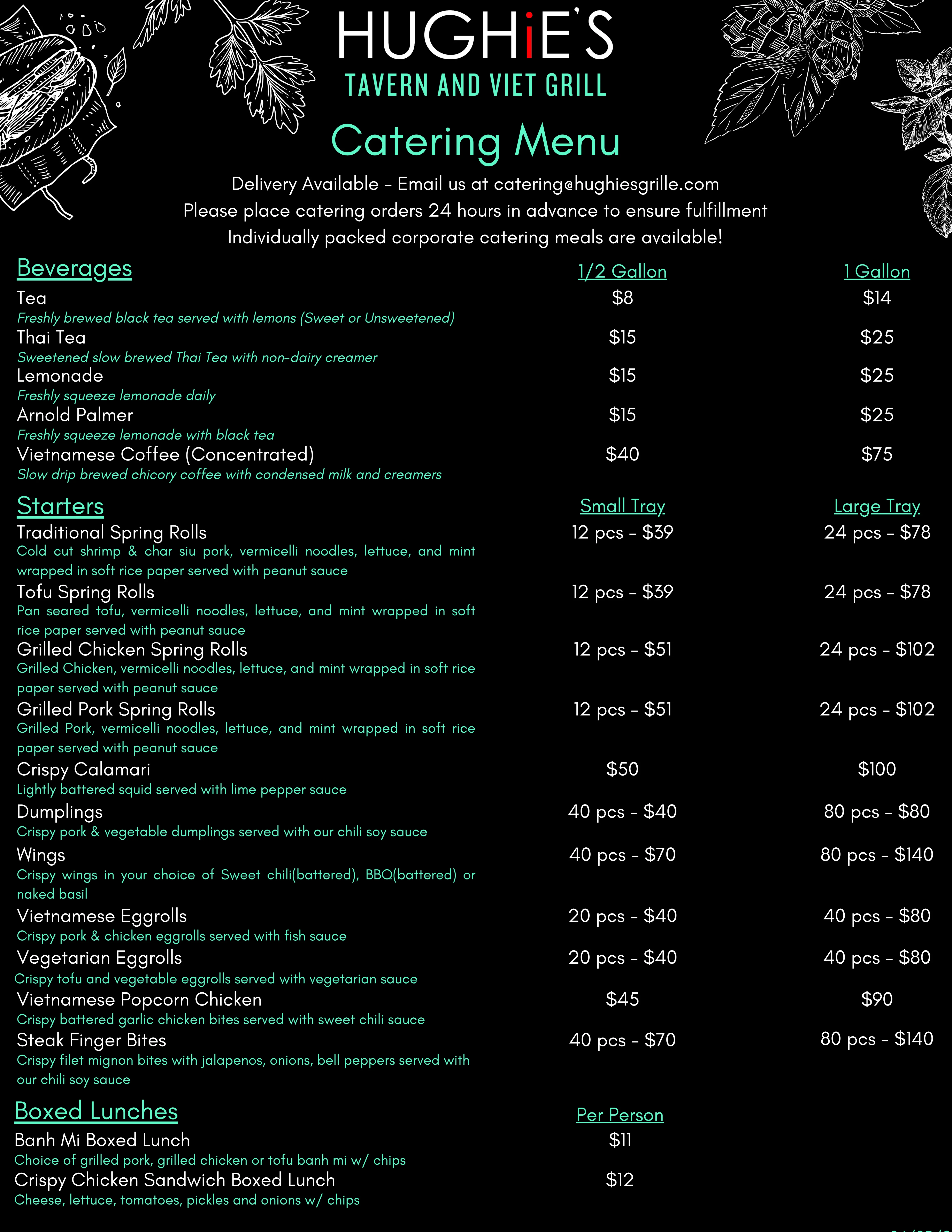 Catering menu for Vietnamese and American dishes at Hughie's Tavern