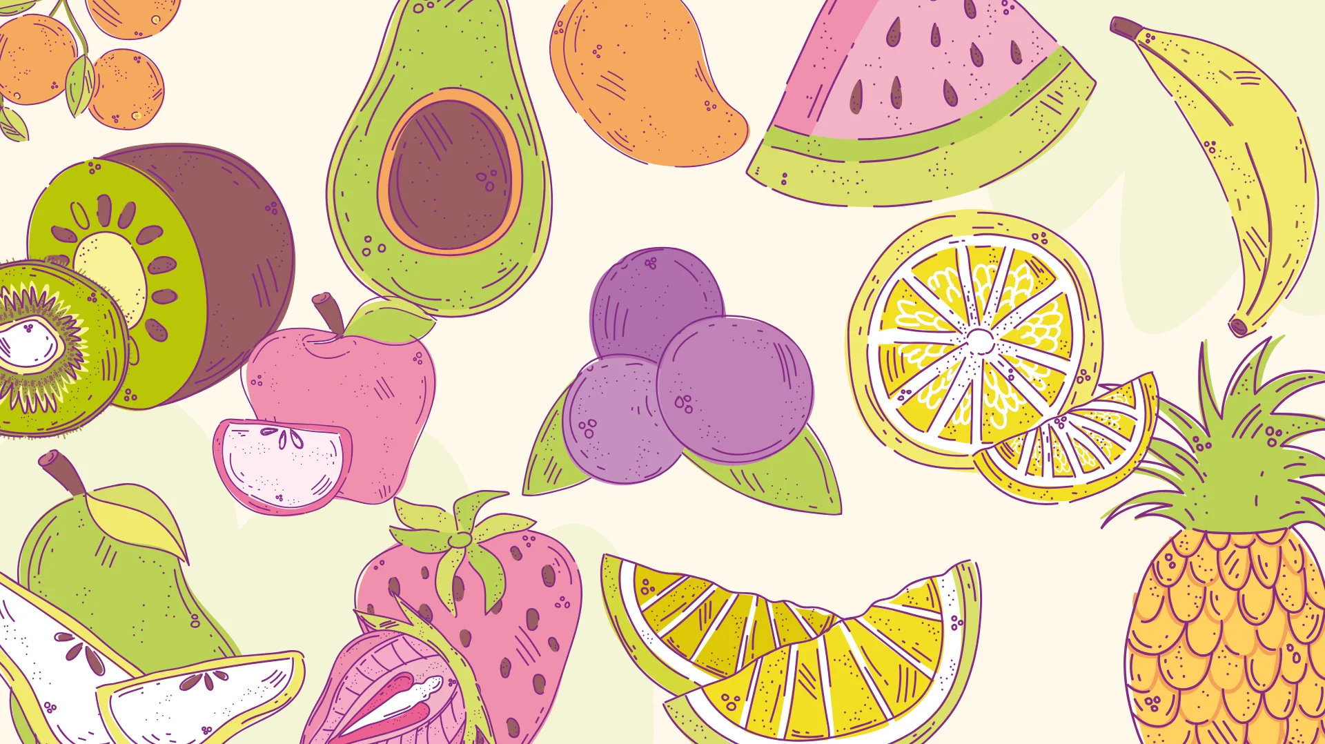 Colorful arrangement of playful fruits on a vibrant background.