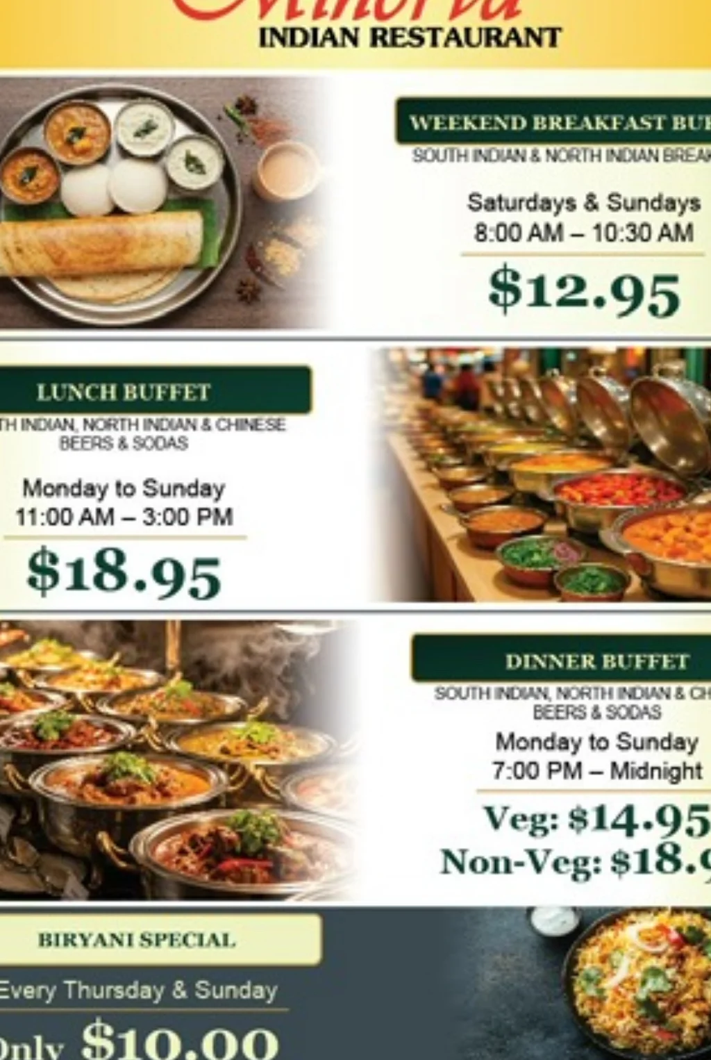 Authentic Indian dinner buffet featuring Chicken Dum Biryani and Goat Rogan Josh