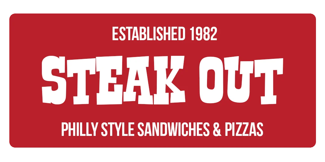 Steak Out restaurant logo featuring Philly style sandwiches and pizzas
