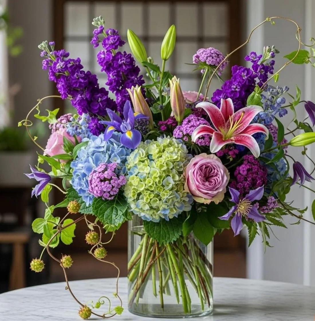 Vibrant floral arrangement in a glass vase