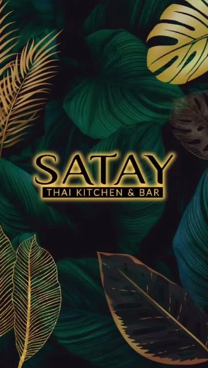 Elegant logo of Satay Thai Kitchen & Bar with tropical leaves