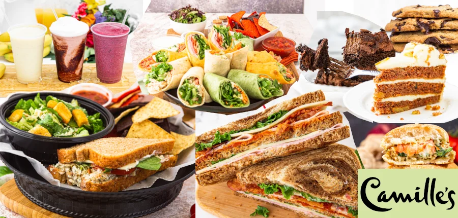 Variety of fresh wraps, salads, and desserts in a vibrant restaurant setting