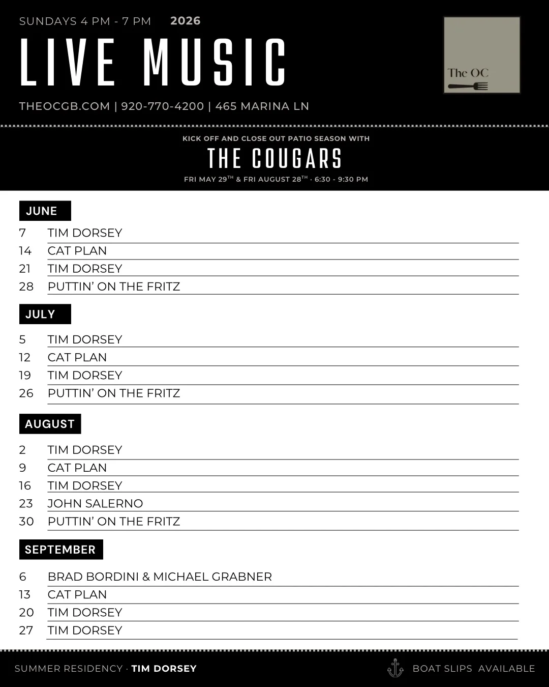 Live music schedule for The OC restaurant in 2026.