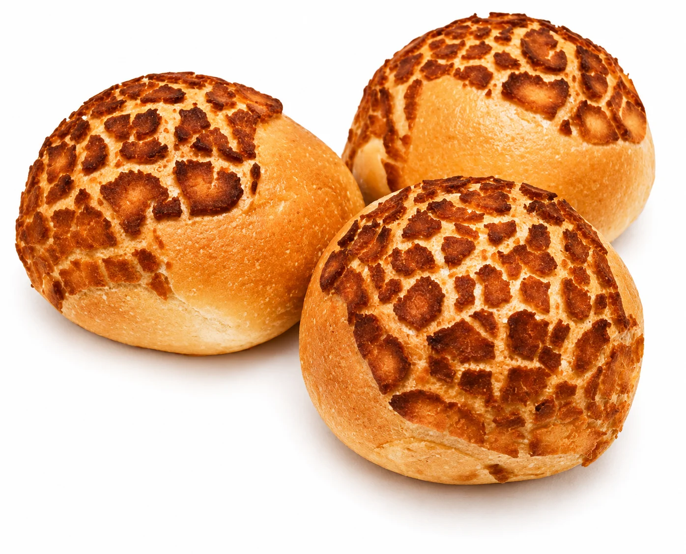 Three round bread rolls with a unique patterned crust.