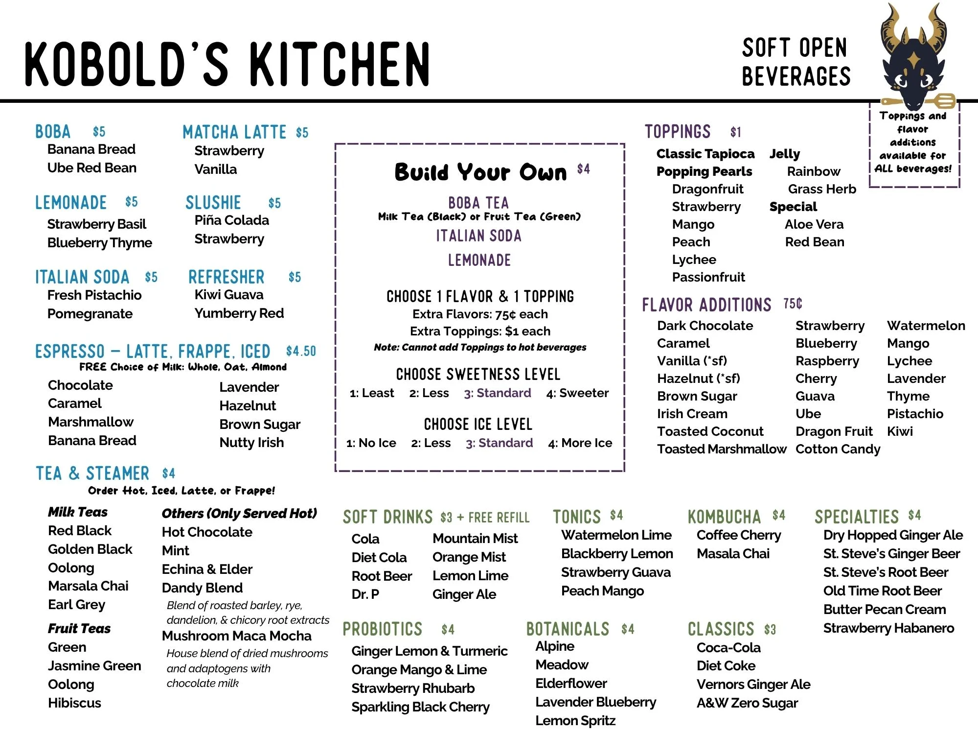 Kobold's Kitchen beverage menu