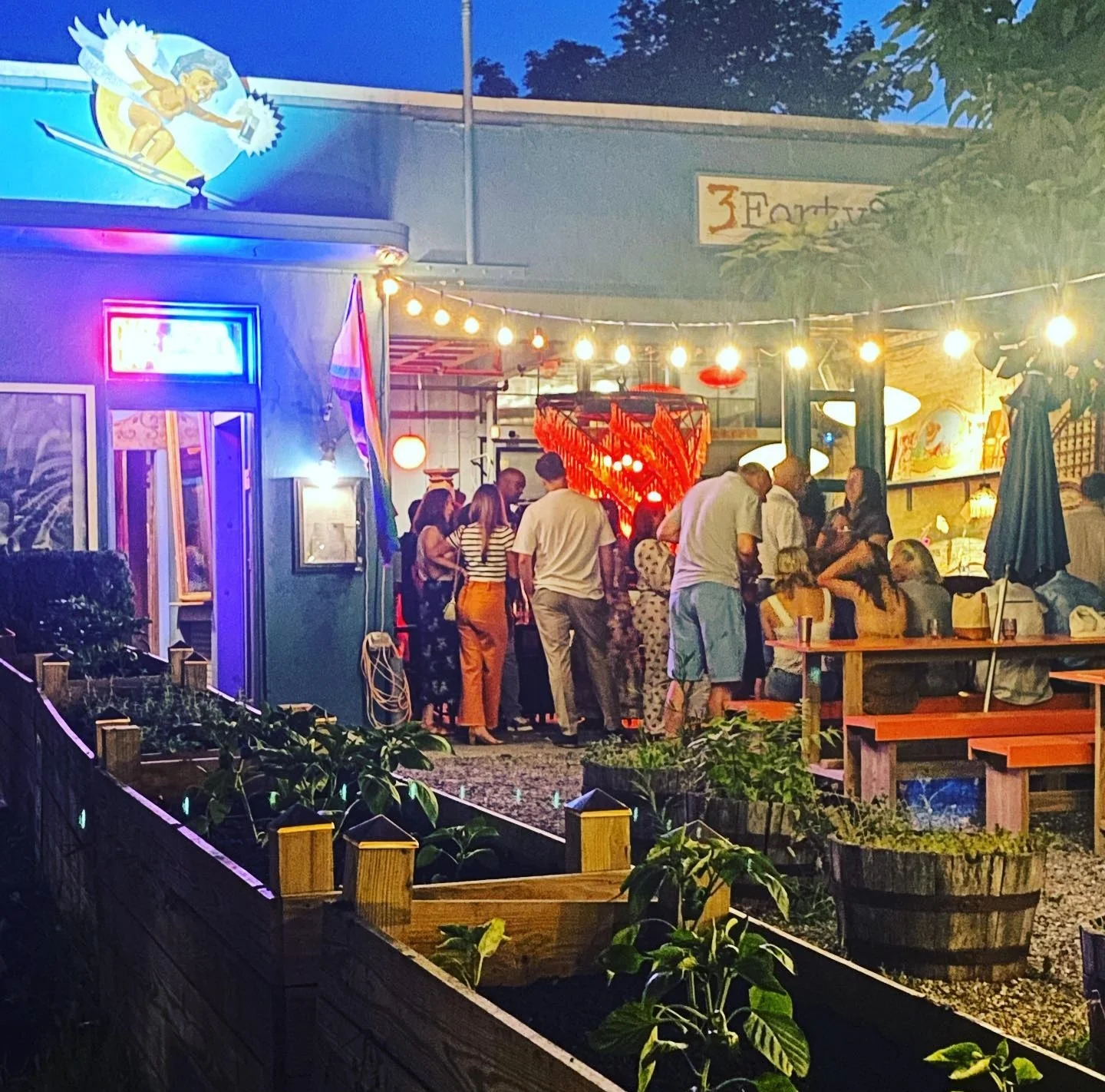 Vibrant outdoor dining scene at a lively restaurant