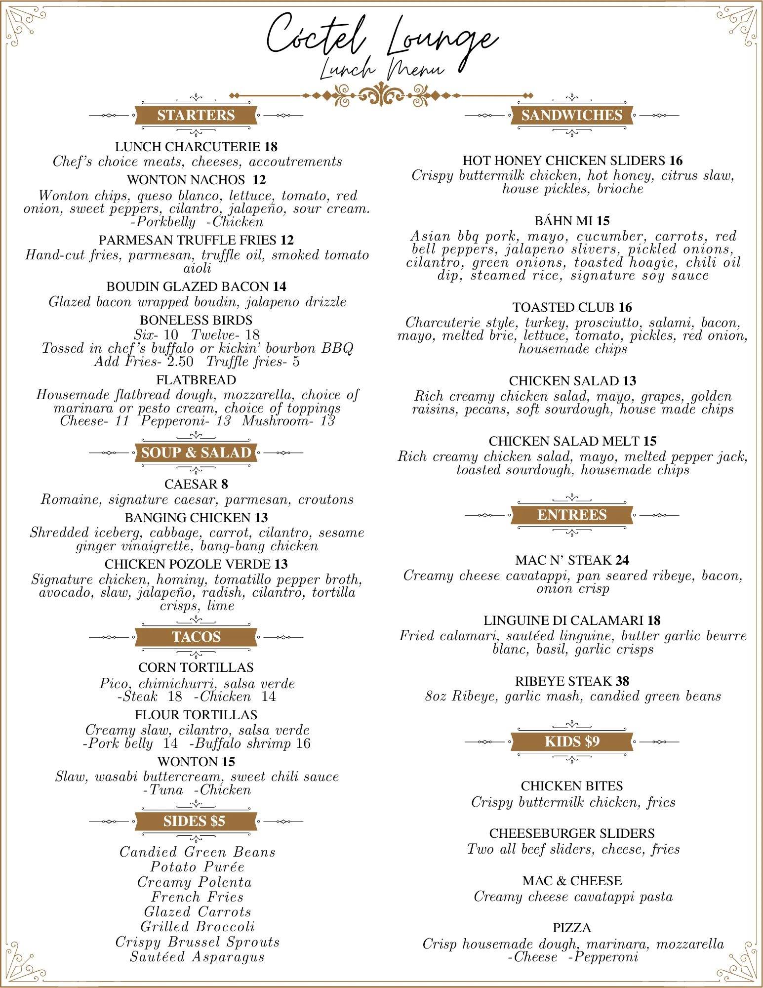 Diverse lunch menu featuring global dishes and flavors