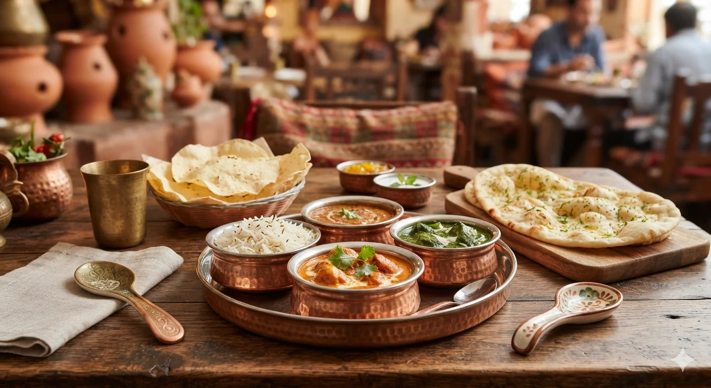 Traditional Indian thali with curries, rice, and naan bread