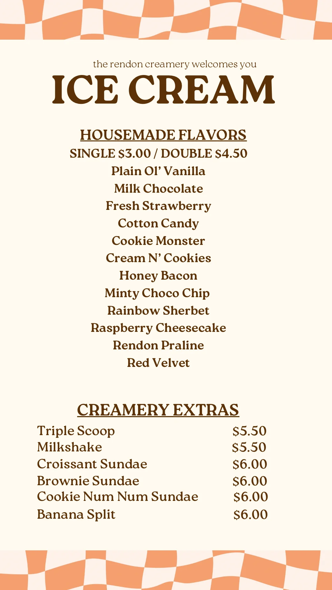 Ice cream menu featuring various homemade flavors and desserts