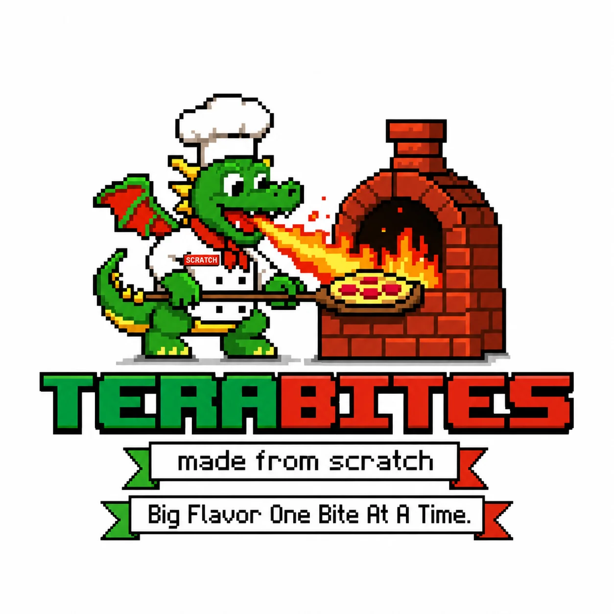 A detailed logo depicting a friendly dragon chef pulling a pizza from a wood-fired oven, accented with bold text 'TERABITES'. The design captures a whimsical and inviting atmosphere.