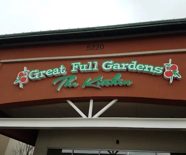 Great Full Gardens restaurant exterior with colorful entrance signage