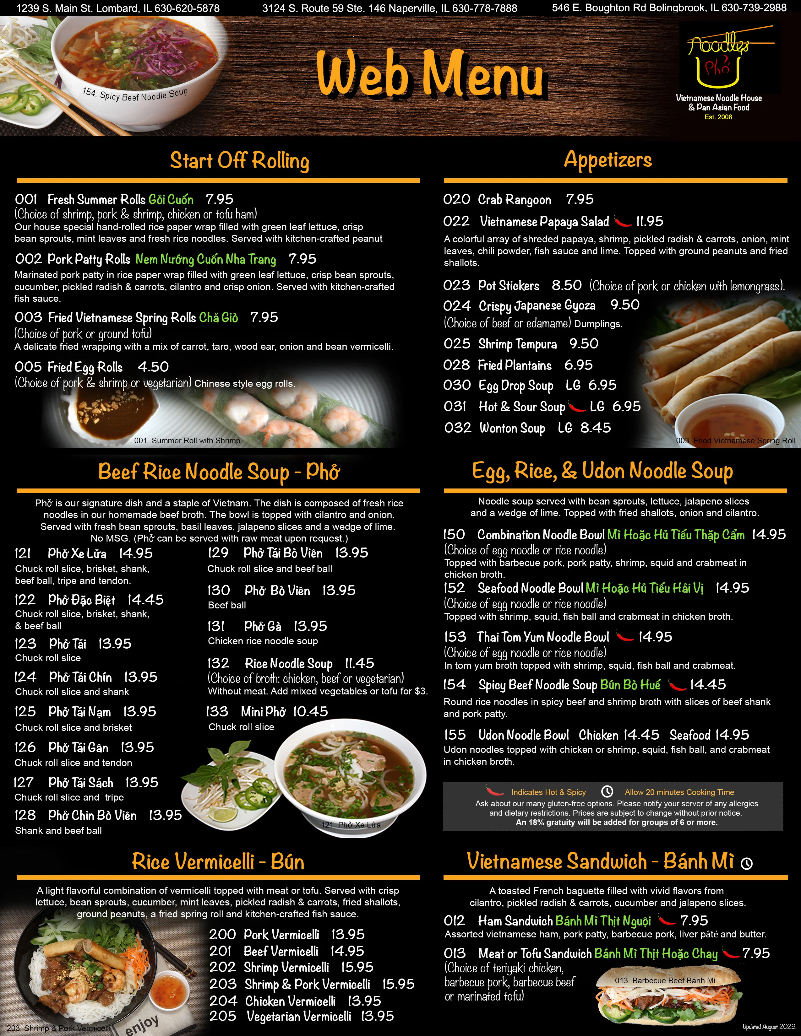 Vietnamese web menu featuring pho, spring rolls, and banh mi