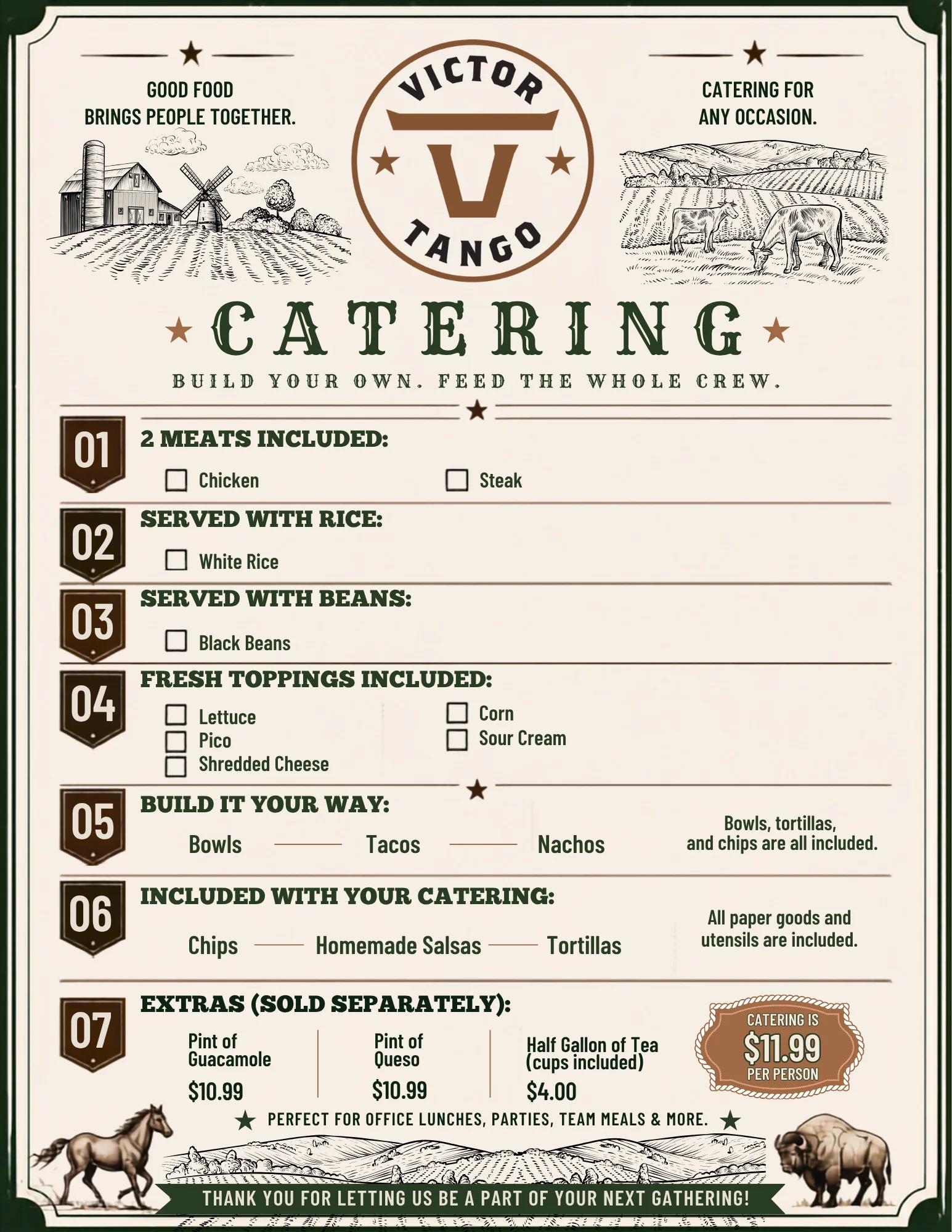 Catering menu flyer with vintage farm illustrations and meal options