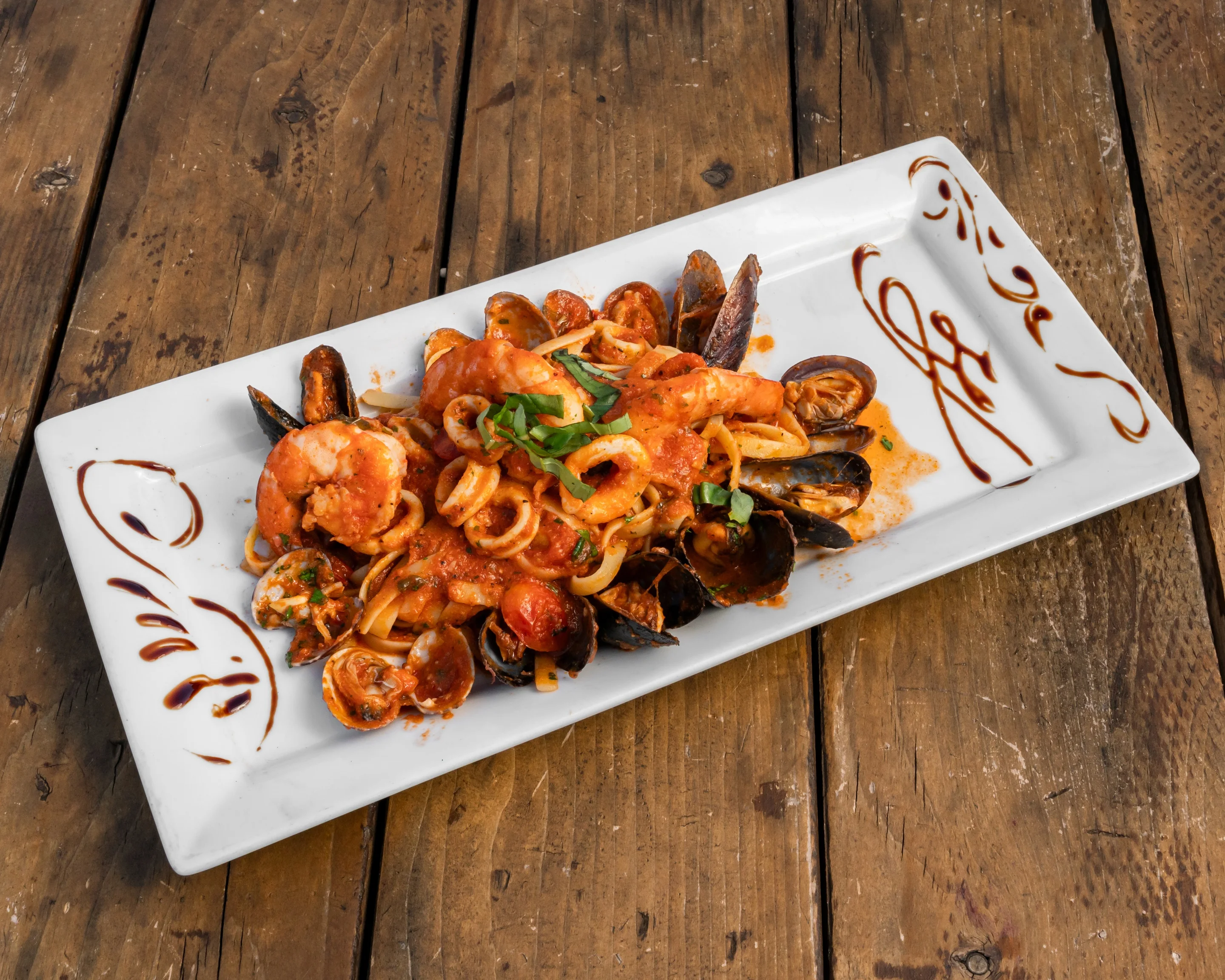 Seafood linguine in a rich tomato sauce