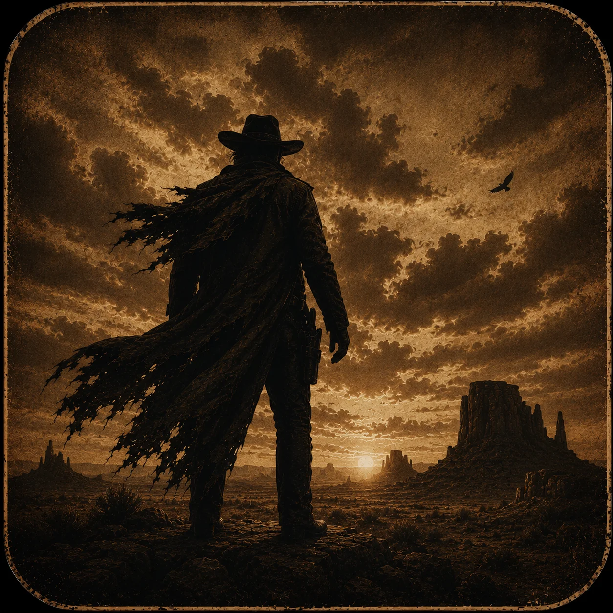 Silhouette of a cowboy against a dramatic sunset in a western landscape