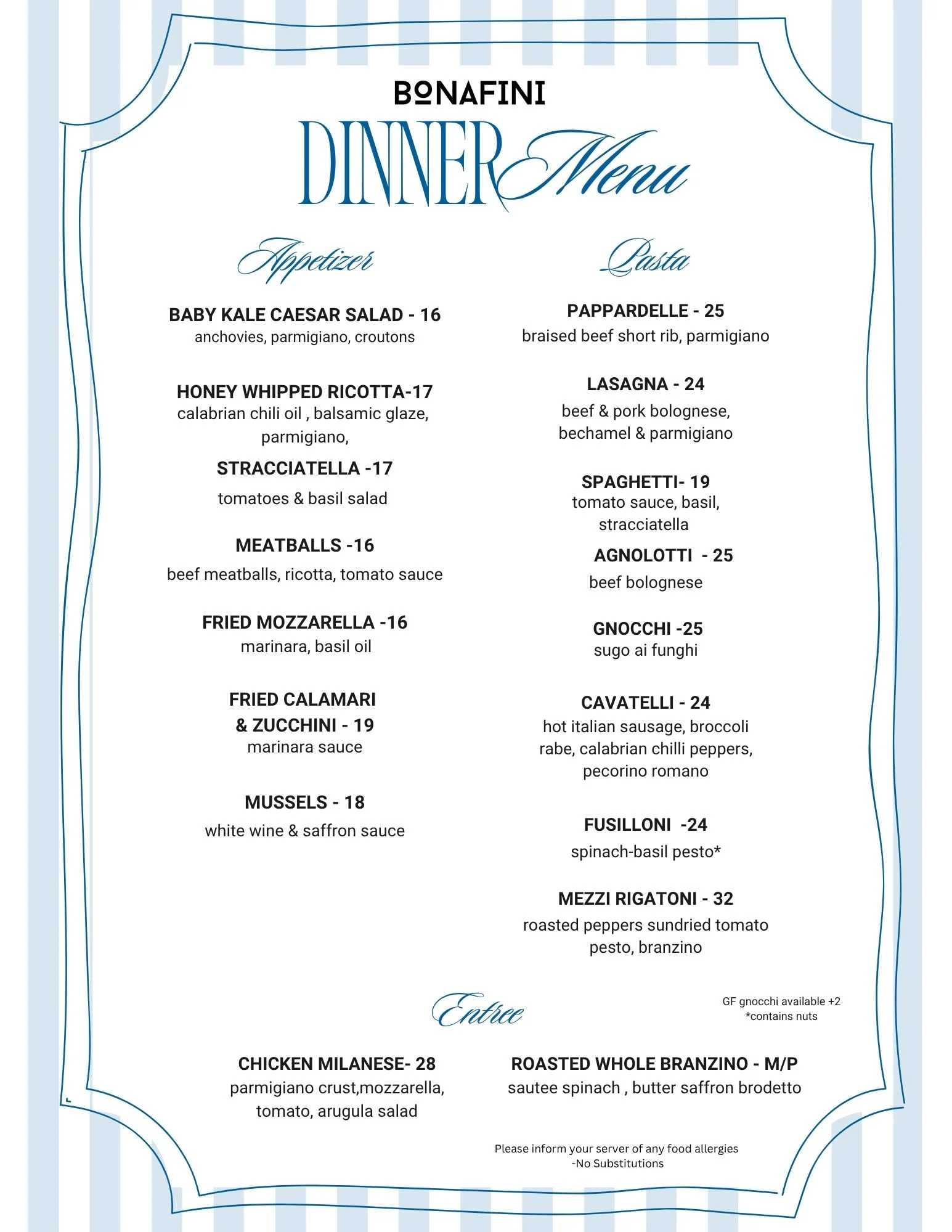 Menu for Liliana Bonafini featuring dinner, brunch, and lunch options.