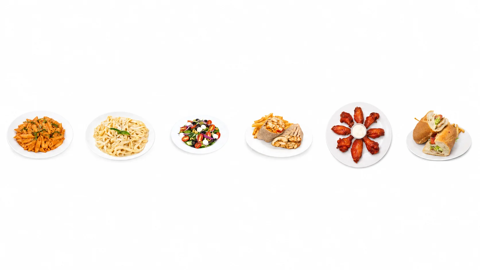 Assorted pasta dishes and wings on white plates