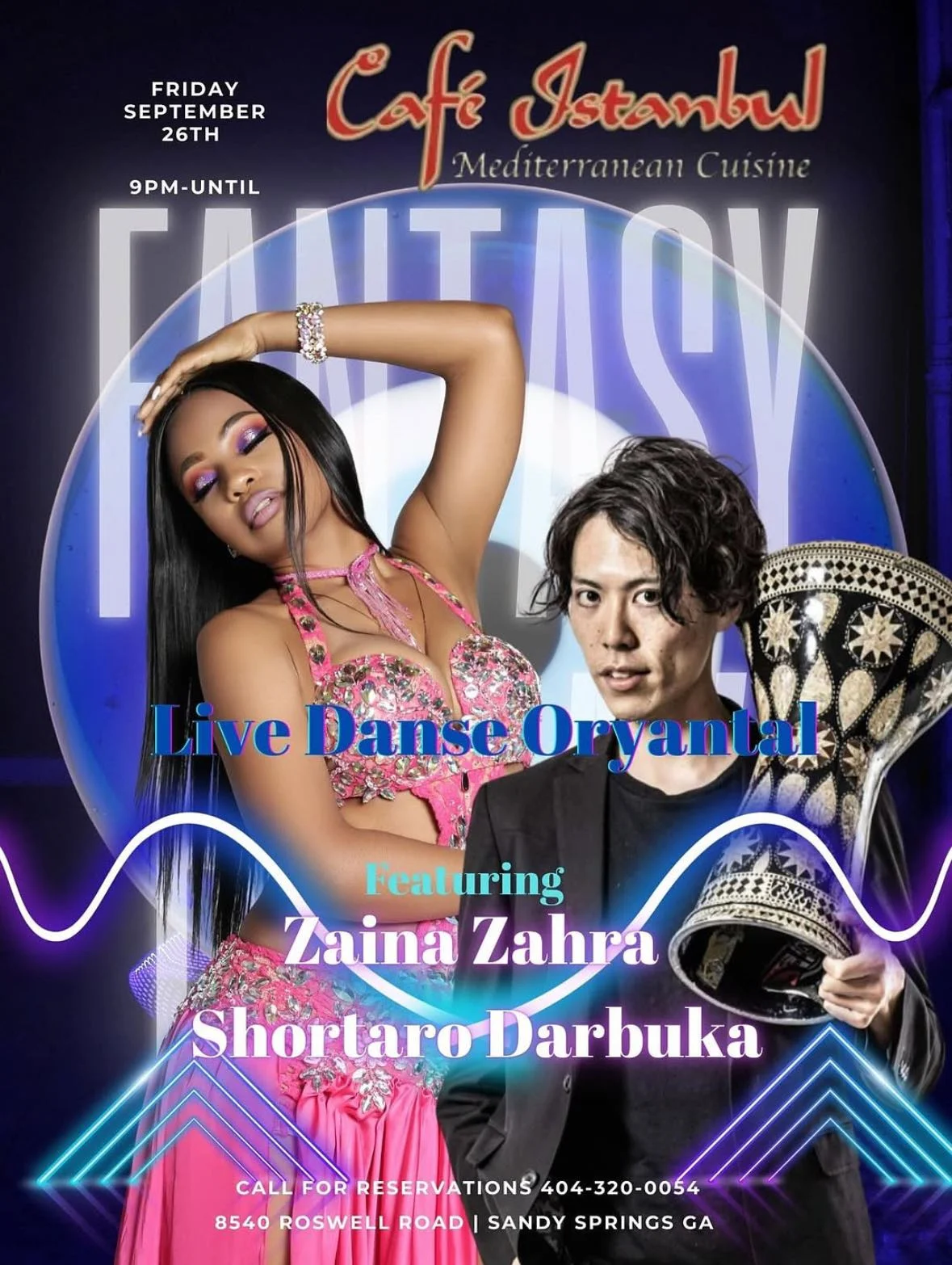 A promotional poster for a dance event featuring live performances, highlighting vibrant costumes and musical elements.