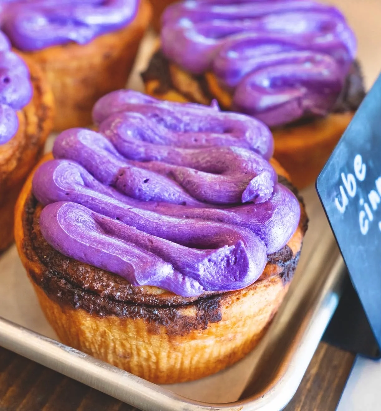 Ube cinnamon rolls with purple frosting