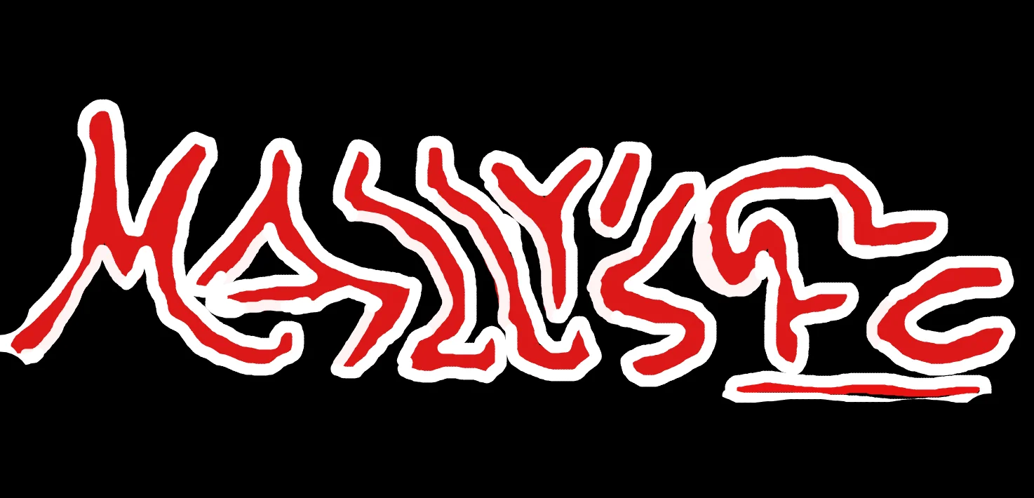 Artistic logo design with bold red lettering on a black background