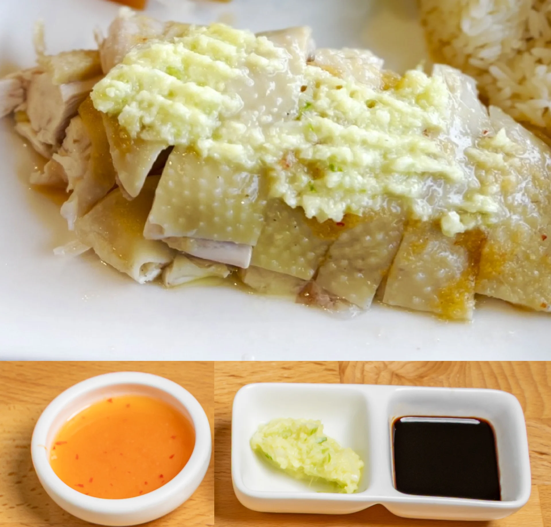 Hainanese chicken rice served with sauces