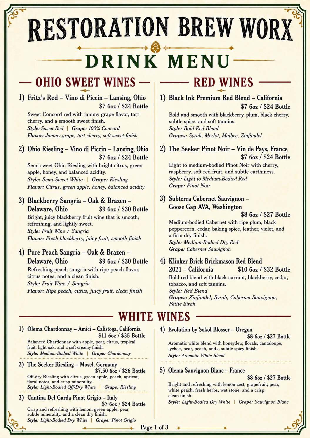 Drink menu featuring Ohio wines and red blends